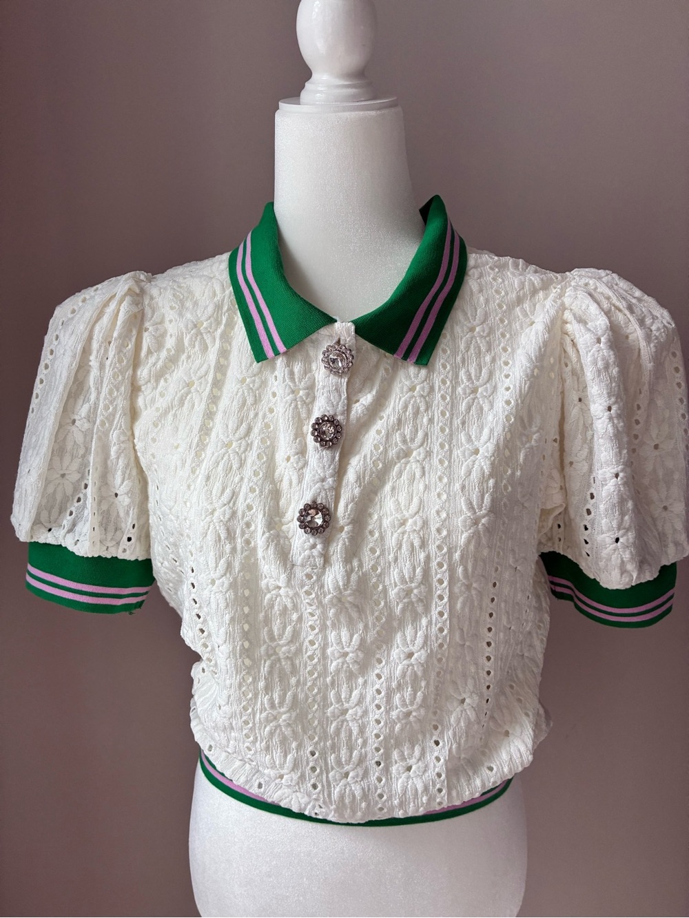 Maeve White Eyelet Puff-Sleeve Polo with Green and Pink Stripe Trim